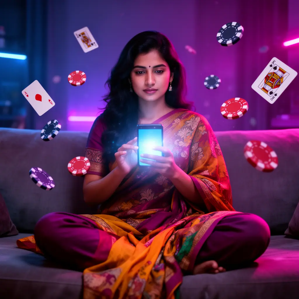 75555TT App – Enjoy immersive mobile casino entertainment in Bangladesh Elegant Bangladeshi woman relaxing on a sofa while using the 75555TT casino app with glowing cards and chips floating in a cinematic scene