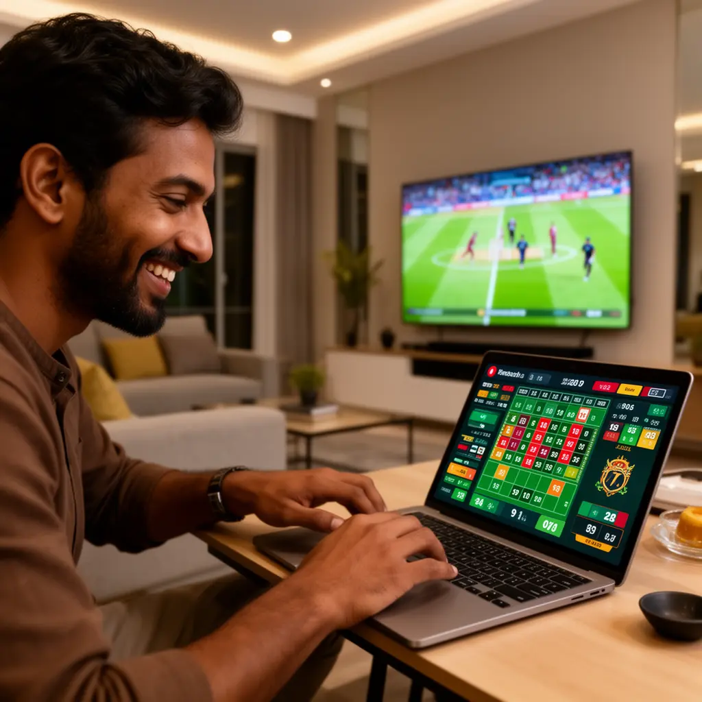 75555TT Bet – Enjoy fast and reliable sports betting in Bangladesh Confident Bangladeshi player placing sports bets on a laptop with live cricket action on TV using the 75555TT betting platform